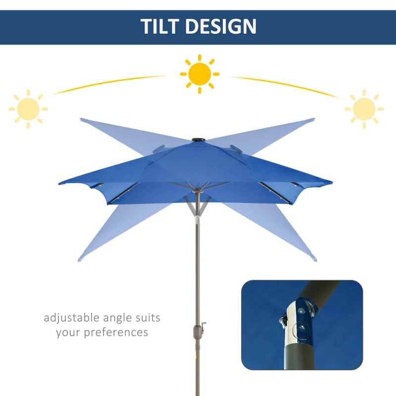 Outsunny 6.5x10ft Patio Umbrella Rectangle Solar Powered Tilt Aluminum Outdoor Market Parasol with LEDs Crank (Dark Blue)