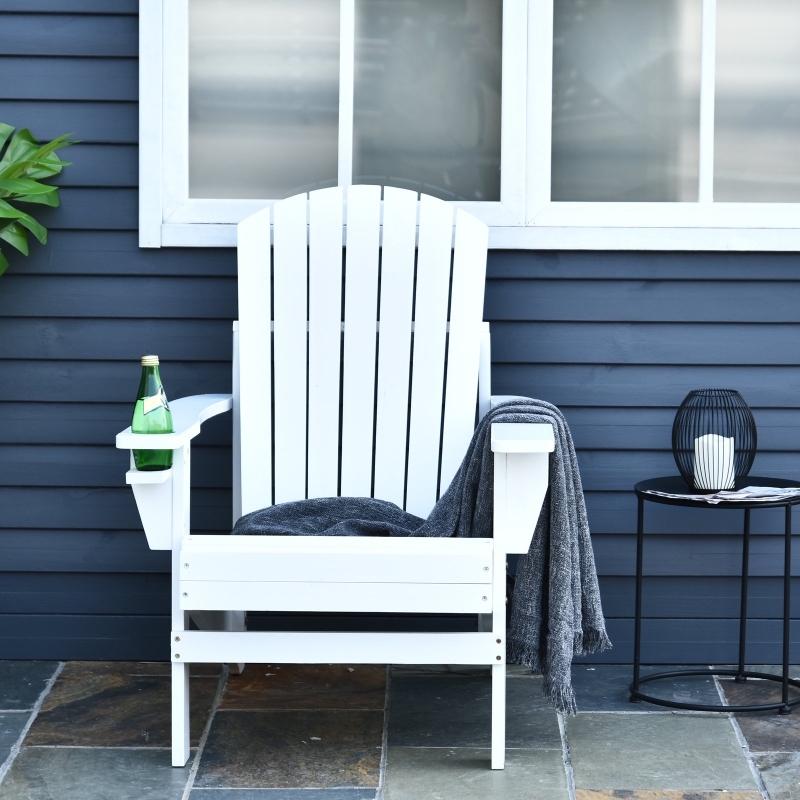 Outsunny Wooden Lounge Patio Chair LoungeDeck Reclined Outdoor Adirondack White