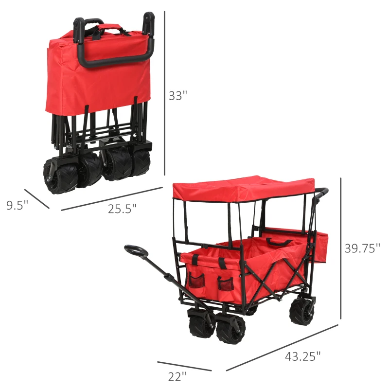 DURHAND Folding Push Pull Collapsible Wagon with Canopy and All-Terrain Wheels, Utility Rolling Cart Stroller for Beach and Shopping, Red