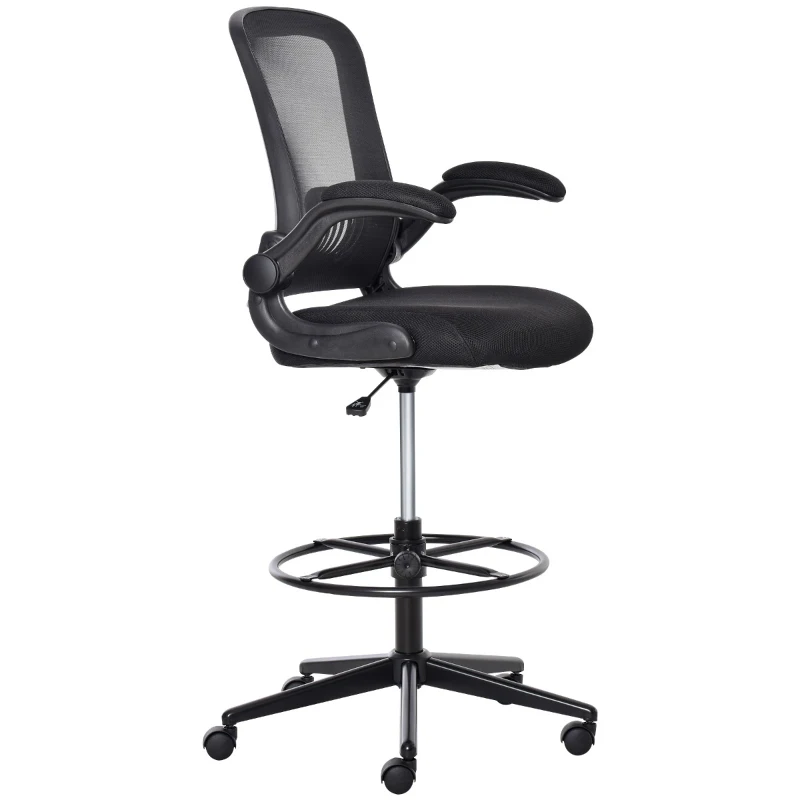 Vinsetto Tall Drafting Desk Chair Computer Desk Home Office Mesh Standing Chair with Mid Back, Foot Ring, Flip-up Arm, 360° Swivel Wheels, Black