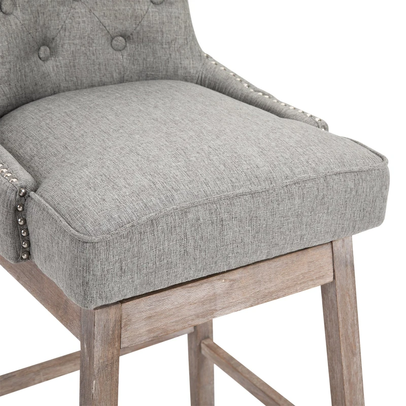 HOMCOM Upholstered Fabric Bar Height Bar Stools Set of 2, 180° Swivel Nailhead-Trim Pub Chairs, 30" Seat Height with Rubber Wood Legs, Grey