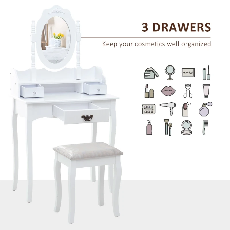 HOMCOM Vanity Table Set with Mirror and 3 Drawers, 360° Rotatable Wooden Makeup Dressing Table with Large Padded Stool, Gift for Women Girls, White