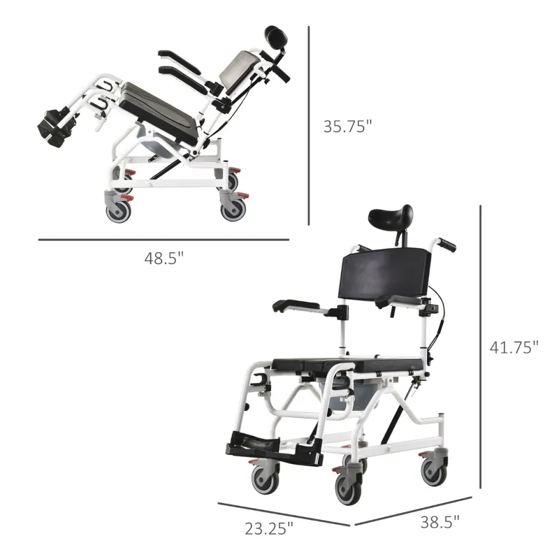 HOMCOM Personal Mobility Assist Bedside Commode Toilet Chair with 30° Reclining Backrest & Four Rolling Wheels
