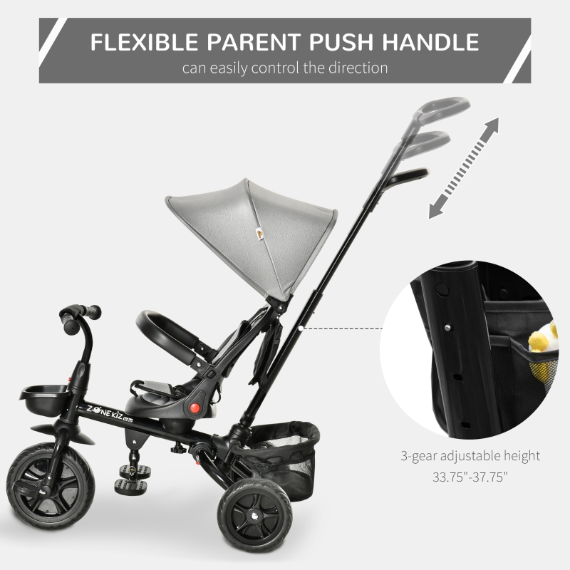Qaba Baby Tricycle 4 In 1 Trike with Reversible Angle Adjustable Seat Removable Handle Canopy Handrail Belt Storage, Grey | Aosom Canada
