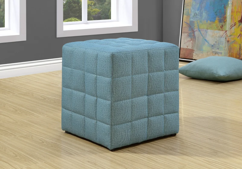 Monarch Padded Linen-Look Tufted Cube Ottoman - Light Blue