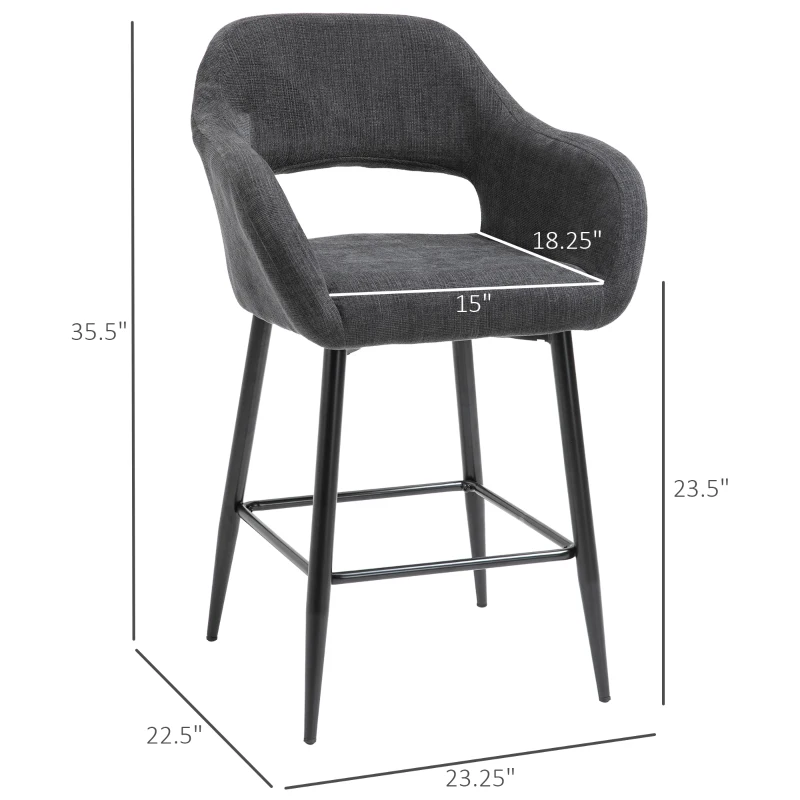 HOMCOM Counter Height Bar Stool Linen Fabric Upholstered Barstool Kitchen Breaskfast Chair with Footrest & Metal Legs, Dark Grey