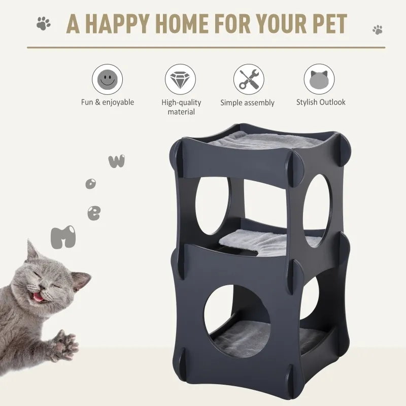Pawhut Multi-level Wooden Cat House Kitten Bed Pet Furniture with Removable Soft Cushion for Rest and Play Easy to Assemble and Store Dark Grey