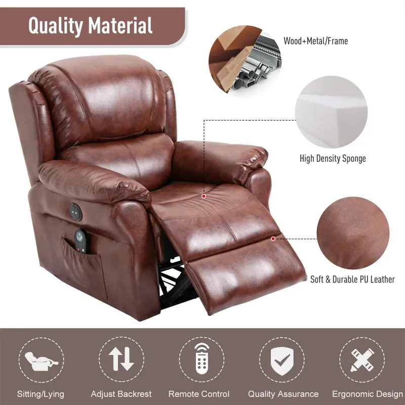 HOMCOM Vibration Massage Recliner Chair for Living Room with Heat,   Single Sofa, PU Leather Power Reclining Chair, Home Theater Seating with Footrest, Brown