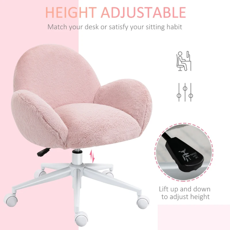 HOMCOM Faux Fur Leisure Chair Accent Chair Office Swivel Chair with Mid-Back Wide Design, Adjustable Seat Height, Steel Base, Wheels, Pink