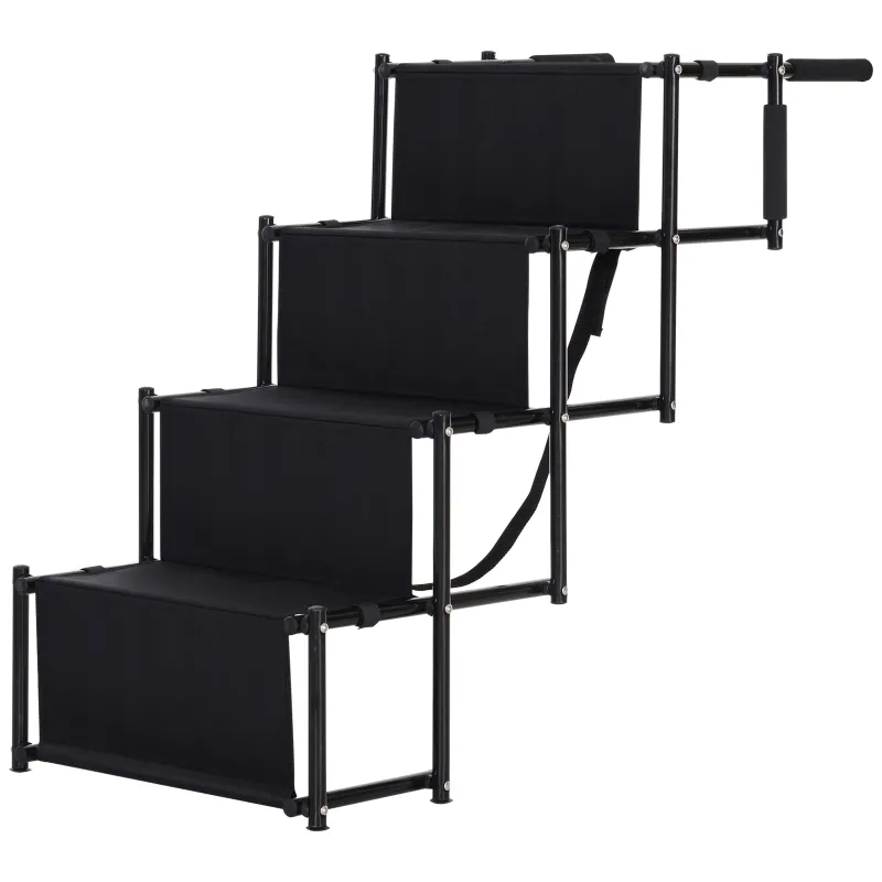 PawHut 4 Step Foldable Portable Pet Stairs Ramp Compact and Lightweight Nonslip Oxford Waterproof, includes safety tether for Indoor Outdoor Use, Black