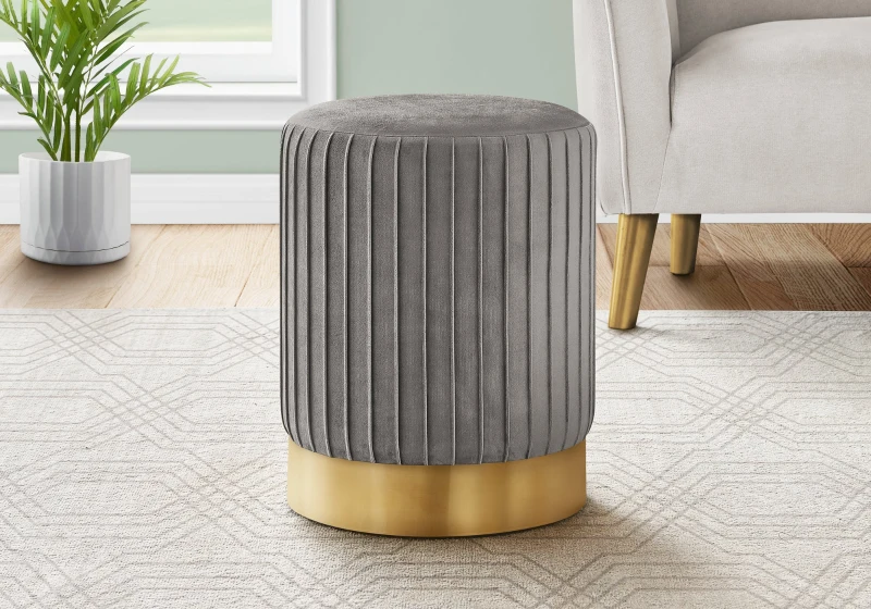 Monarch Upholstered Round Ottoman Pouf Stool with Metal Base - Grey Velvet / Gold Metal