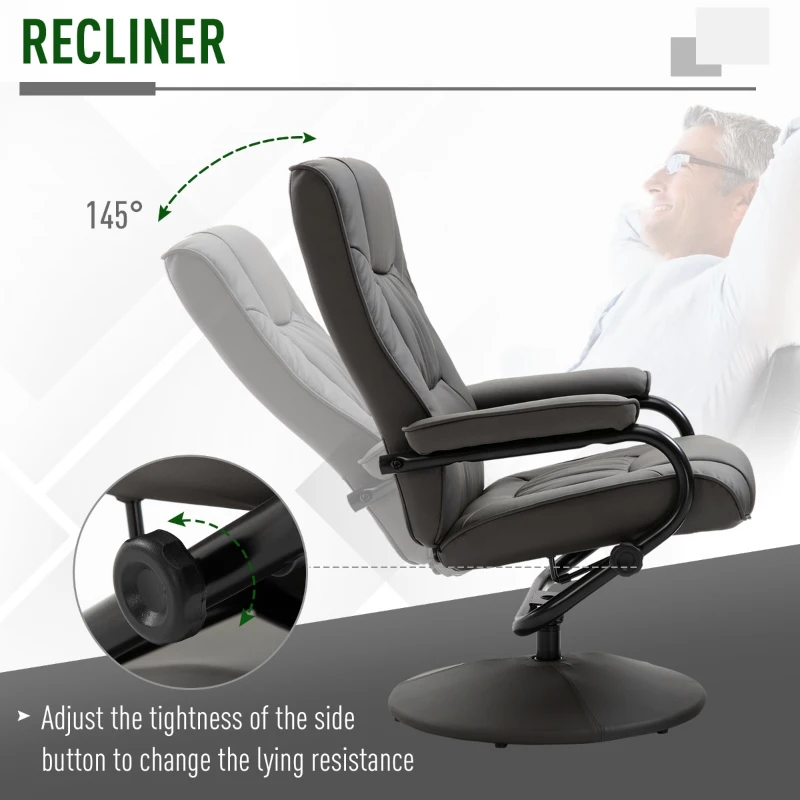 HOMCOM Adjustable Leisure Recliner Chair and Ottoman Set with Swiveling Base, Faux Leather, Grey