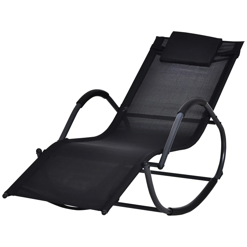 Outsunny Patio Texteline Rocking Lounge Chair Zero Gravity Rocker Outdoor Recliner Seat w/ Padded Pillow Black