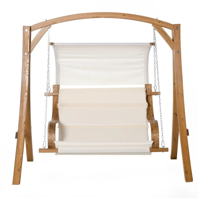 Outsunny Wooden Porch Swing Chair A-Frame Wood Log Swing Bench Chair With Canopy and Cushion for Patio Garden Yard
