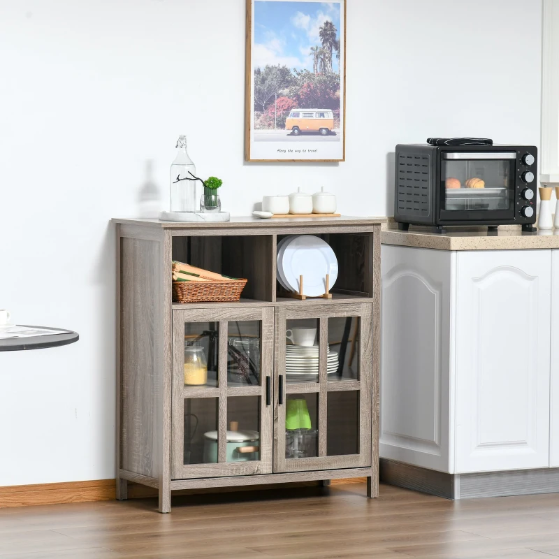 HOMCOM Accent Sideboard, Serving Storage Buffet Cabinet with 2 Open Components, Glass Door Coffee Bar Cabinet and Adjustable Shelf, Oak