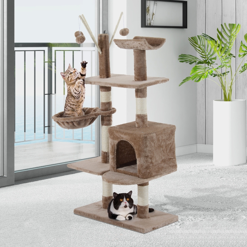 PawHut 53" Multi-Level Scratching Cat Tree Play House with Two Condos and Toys Light Brown