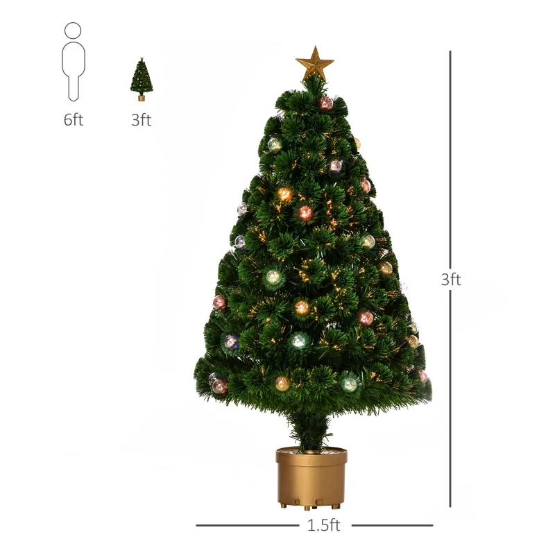HOMCOM 3 FT Pre-Lit Artificial Table Christmas Tree, Fiber Optic Holiday Home Xmas Indoor Decoration with Golden Stand, Green