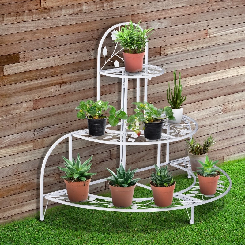 Outsunny 3 Tier Plant Stand Metal Butterfly Leaf Outdoor Potted - White