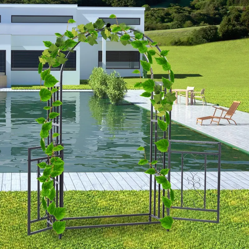 Outsunny 81" Metal Garden Arbor with Double Doors, Locking Gate, Climbing Vine Frame with Heart Motifs, Arch for Wedding, Bridal Party Decoration, Grey