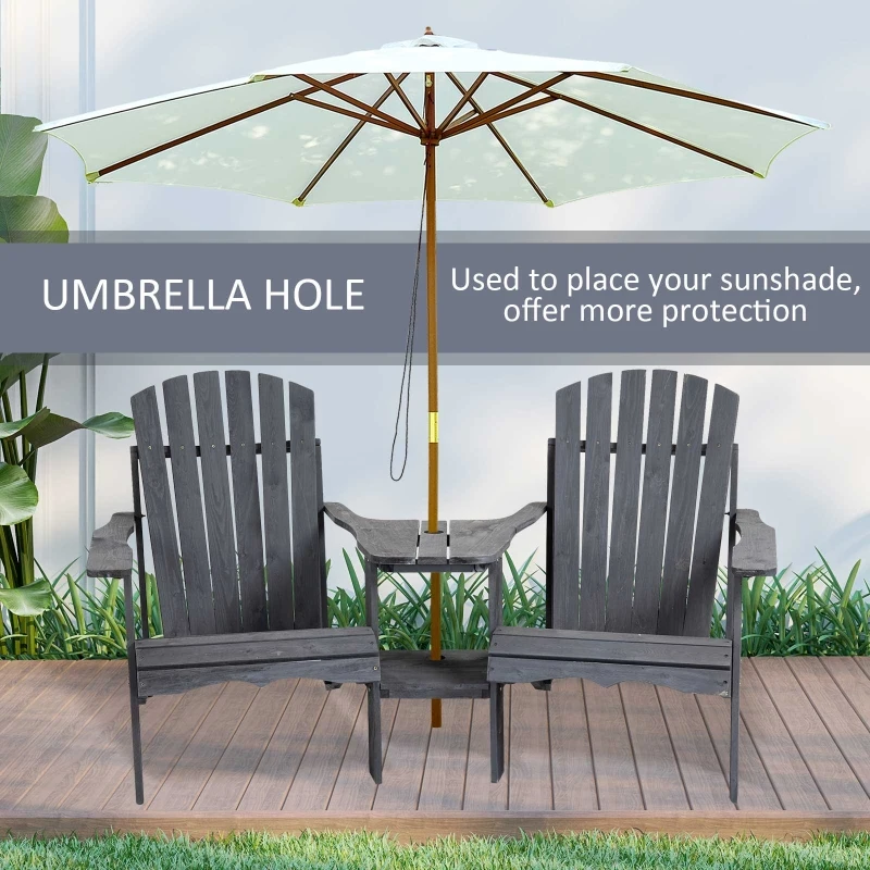 Outsunny Outdoor Wood Adirondack Chair Reclined Bench w/ Coner Table & Umbrella Hole