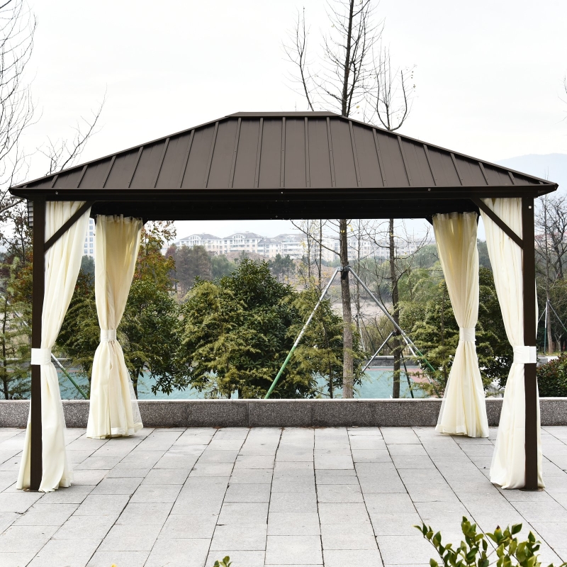 Outsunny 12'x9.8' Outsunny Hardroof Gazebo aluminum frame with galvanized steel hardtop zipper netting and curtains Beige/Bronze