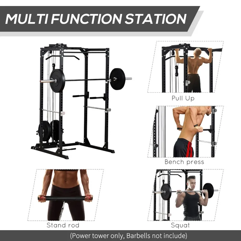 Soozier Multi-Functional Power Tower Dip Station Pull Up Bar Lat Pull Down Machine, Power Cage Fitness Equipment for Home Gym, Weightlifting Barbell Squat Rack, Dip Workout Station