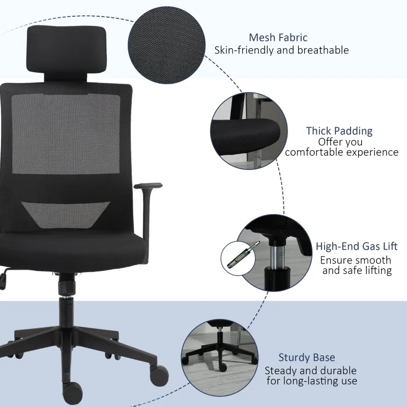 Vinsetto High Back Office Chair Swivel Task Chair with Lumbar Back Support, Breathable Mesh, and Adjustable Height, Headrest, Black