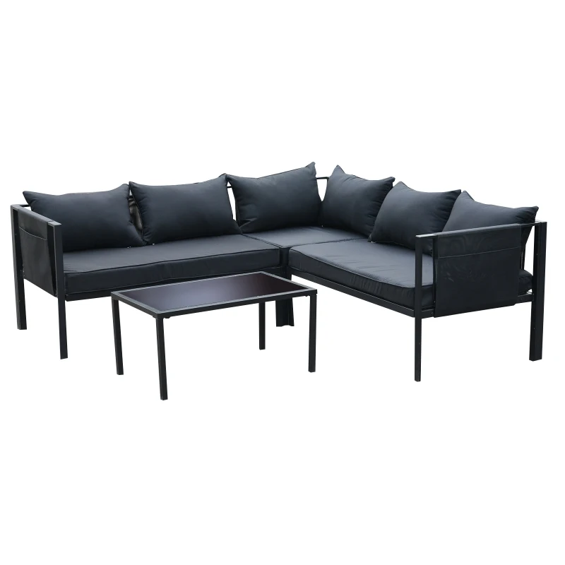 Outsunny 4pcs Garden Sectional Sofa Set Patio Lounge Set Steel Frame w/ Cushions Outdoor Yard Furniture Black