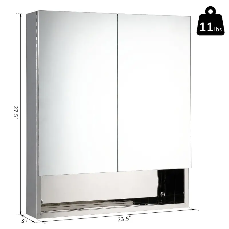 kleankin Bathroom Mirrored Cabinet, 28" x 24" Stainless Steel Frame Medicine Cabinet, Wall-Mounted Storage Organizer with Double Doors and Open Shelf, Silver