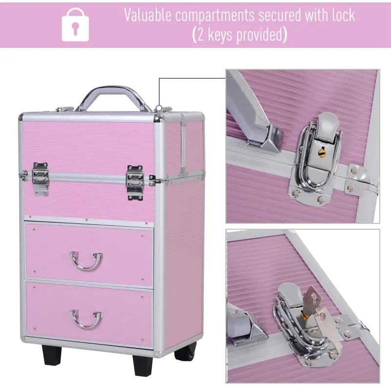HOMCOM Professional Rolling Full Makeup Travel Train Case, Large Storage Cosmetic Trolley with Folding Trays, Drawer and Locks, Bubblegum Pink