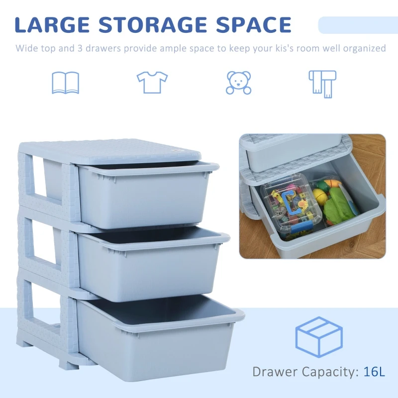 Qaba Kids Storage Unit Dresser Tower with Drawers 3 Tier Chest Toy Organizer for Bedroom Nursery Kindergarten Livingroom Blue