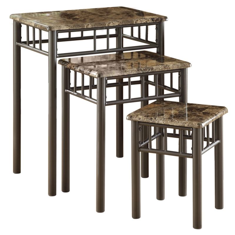 Monarch 3-Piece Modern Marble-Look Top Bronze Metal Frame Accent Side Nesting End Table Set - Cappuccino Brown Finish