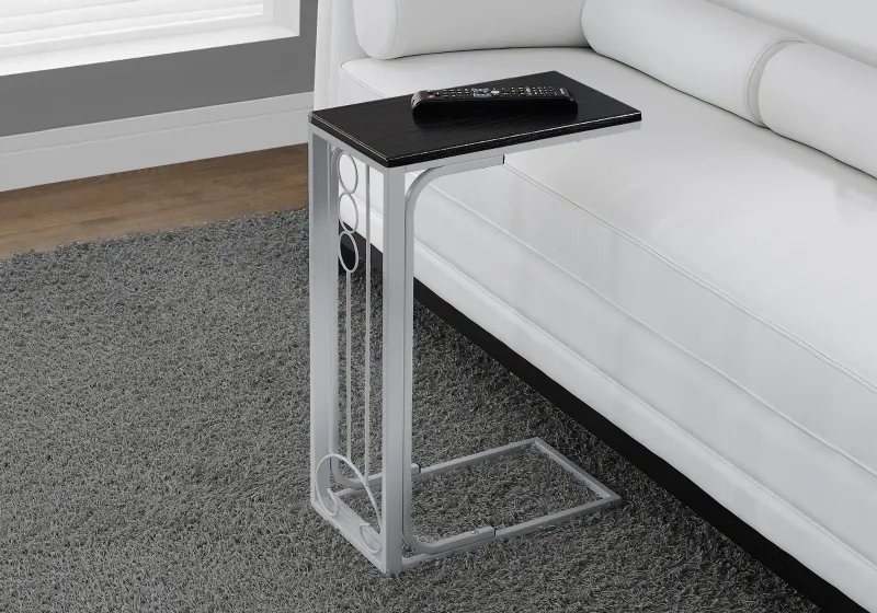 Monarch 25" Contemporary Wood Grain-Look Top Silver Metal Frame C-Shaped Side Accent Table  - Black Top Finish
