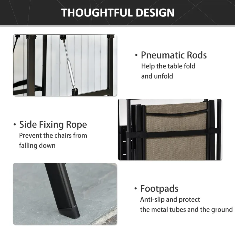 Outsunny 3 Pcs Folding Garden Furniture Set, Foldable Table and 2 Chairs Set w/ Side Shelf, Metal Frame, Indoor Outdoor Patio Balcony