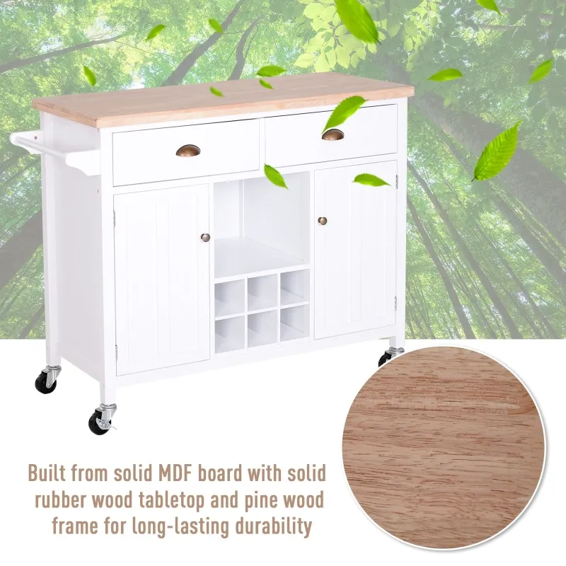 HOMCOM Kitchen Island Utility Cart on Wheels with Large Counter, 2 Spacious Drawers & Storage Cabinets, & Wine Storage