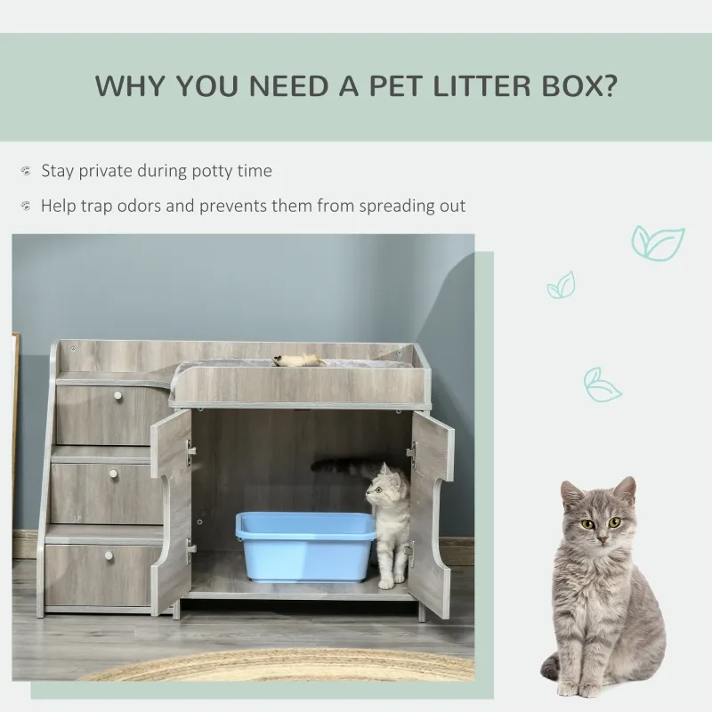 PawHut Hidden Litter Box Furniture Cat Washroom Decorative Kitten House Nightstand End Table Indoor with Multipurpose Ladder Cushion Oak