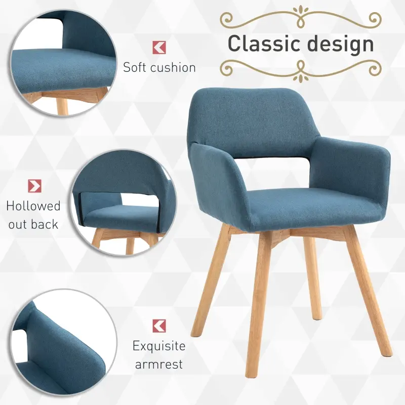 HOMCOM Dining Chairs Set of 2 Home Modern Accent Armchair for Bedroom Living Room with Fabric Surface and Solid Wood Legs, Blue