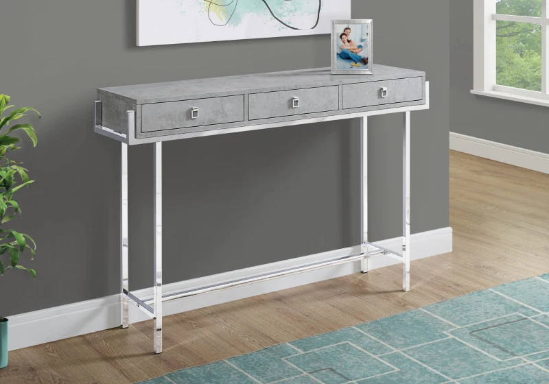 Monarch 48" Contemporary 3-Drawer Storage Chrome Metal Frame Accent Hall Sofa Console Table - Grey Cement-Look Finish