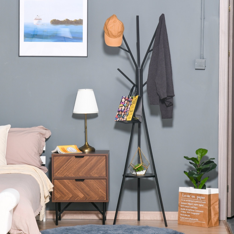 HOMCOM 71" Metal Free Standing Coat Rack 9 Hooks with Shelf Black