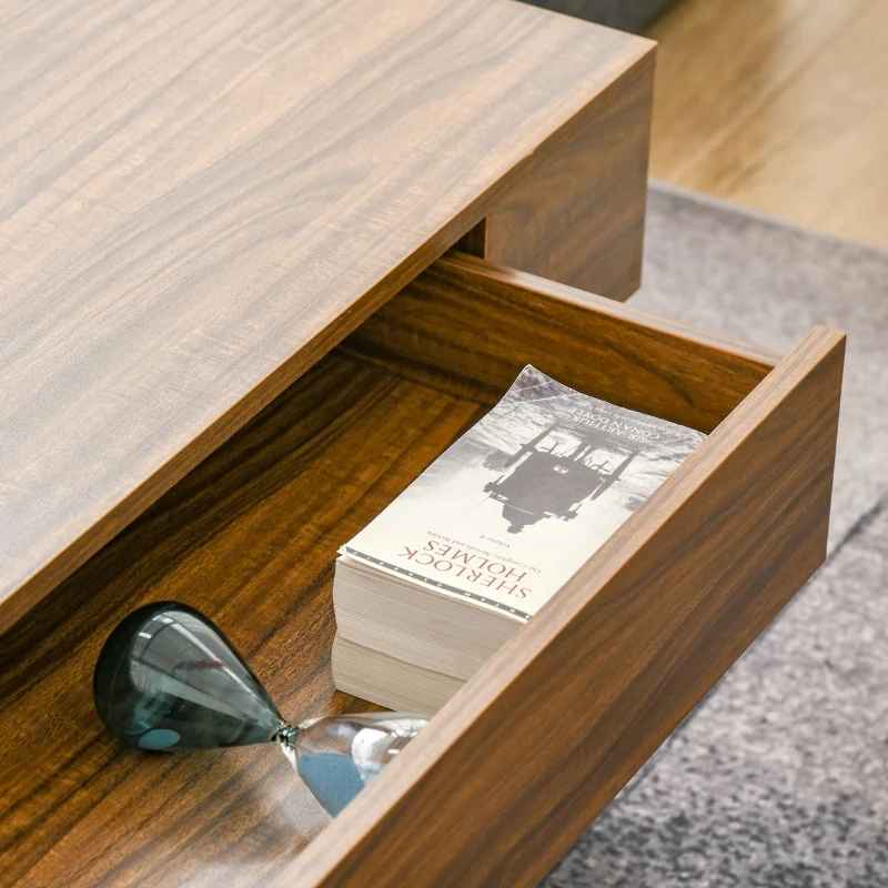 HOMCOM Mid-century Modern Coffee Table with Storage Drawer, Metal Sled Designed Legs and Wood Grain Surface for Living Room, Walnut