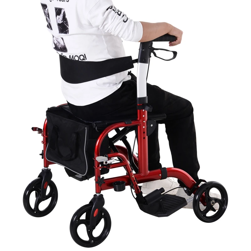 HOMCOM 2 in 1 Aluminum Rollator Walker Convertible Rollator Wheelchair with Adjustable Arms, Storage Bag, Footrests & Crutch Holder, Tool Free Assembly, Black & Red