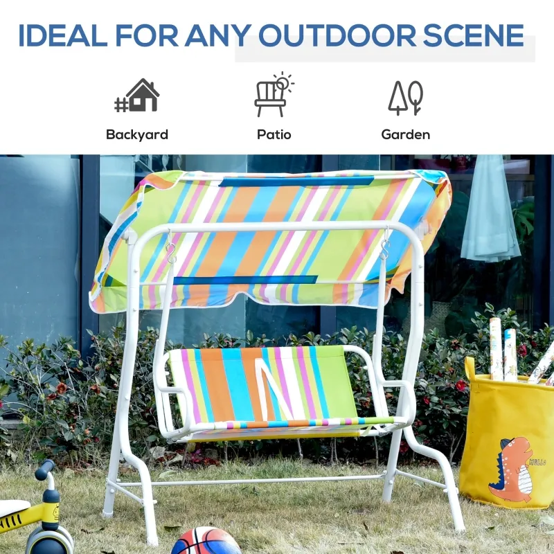 Outsunny Kids Porch Swing, Outdoor 2-Seat Children Patio Chair, Toddler Glider with Adjustable Canopy, Seat Belt for Garden Backyard Colorful Stripes