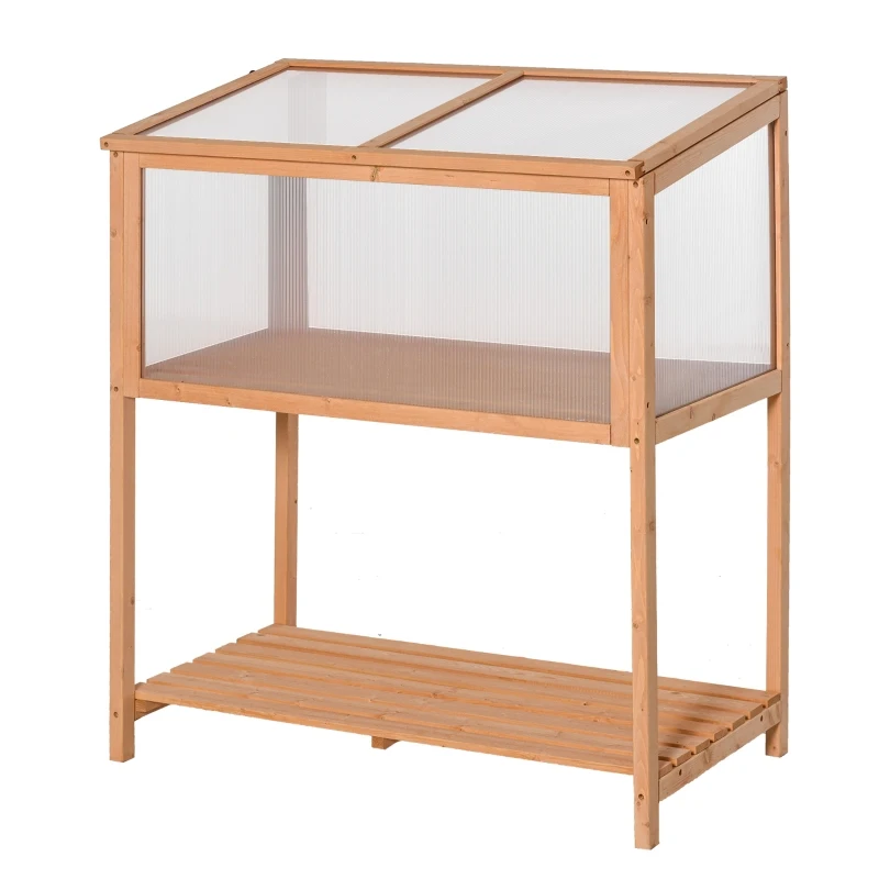 Outsunny Wooden Cold Frame Greenhouse Flower Planter Raised Potted Plant Protection Box with Openable Top & Detachable Shelf, 36" x 20" x 41"