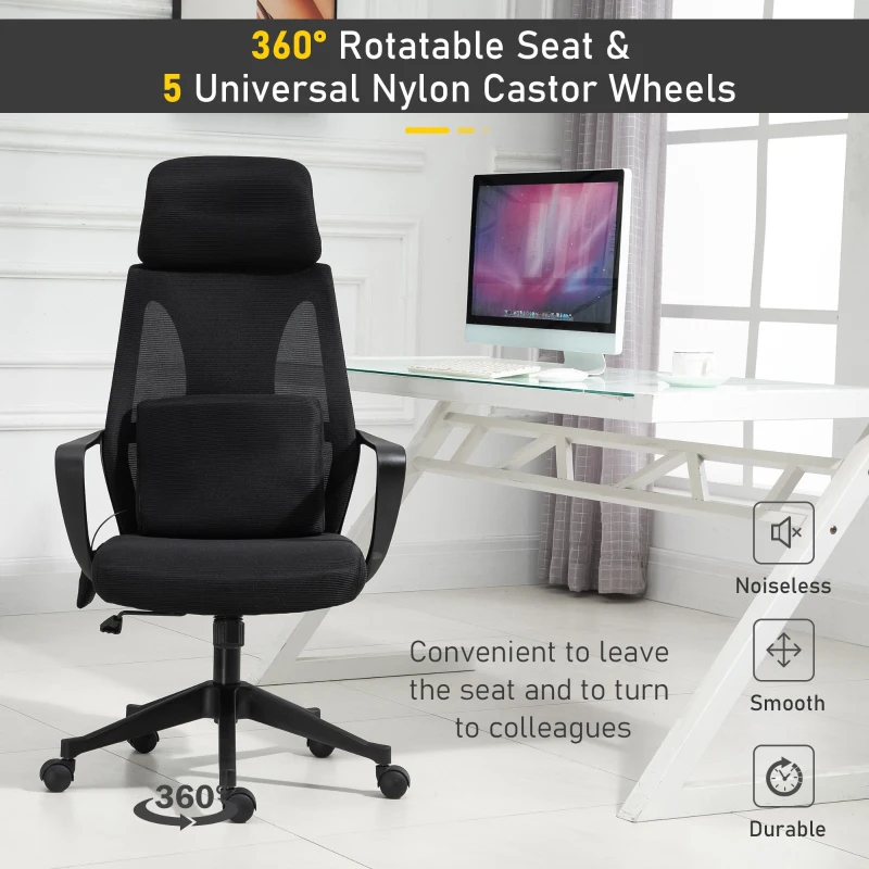 Vinsetto Ergonomic Home Office Mesh Desk Chairs, Computer Task Chair with Massage Lumbar Cushion, Adjustable Seat & Headrest, Rocking Function, Black