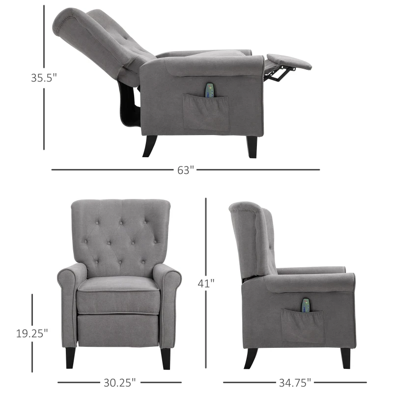 HOMCOM Linen Fabric Manual Recliner with Vibrating Massage and Wired Remote Control, Light Grey