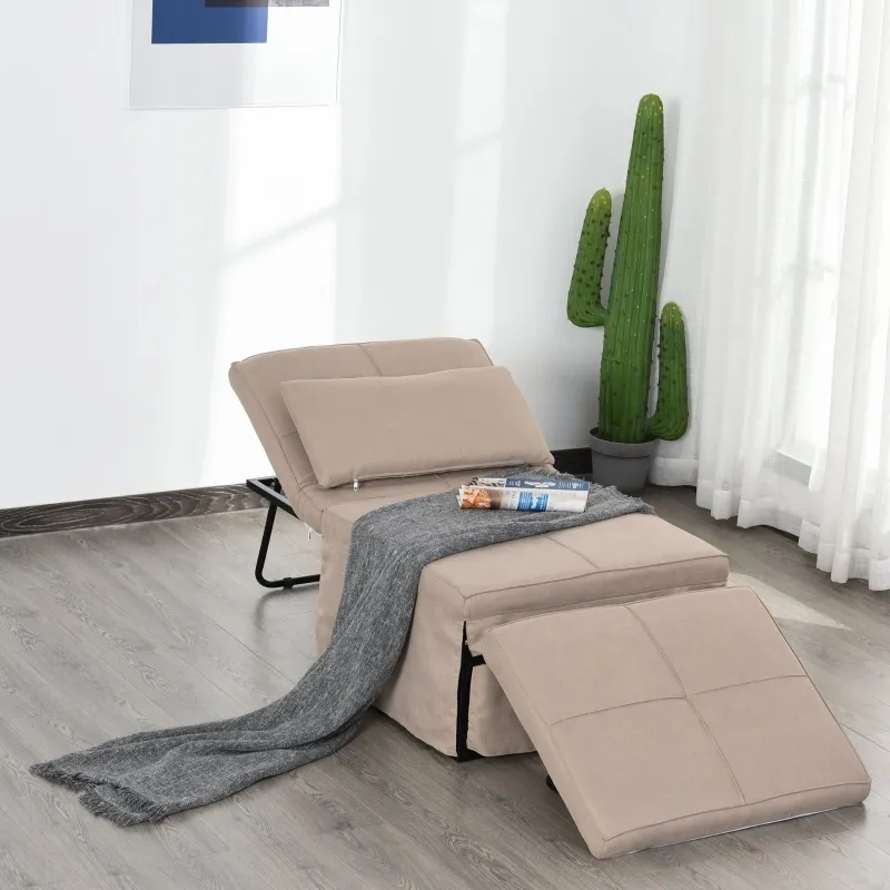 HOMCOM 4-in-1 Multi Function Folding Single Sofa Bed with Retractable Footrest, Convertible Sleeper with Adjustable Backrest For Living Room and Small Spaces, Light Coffee
