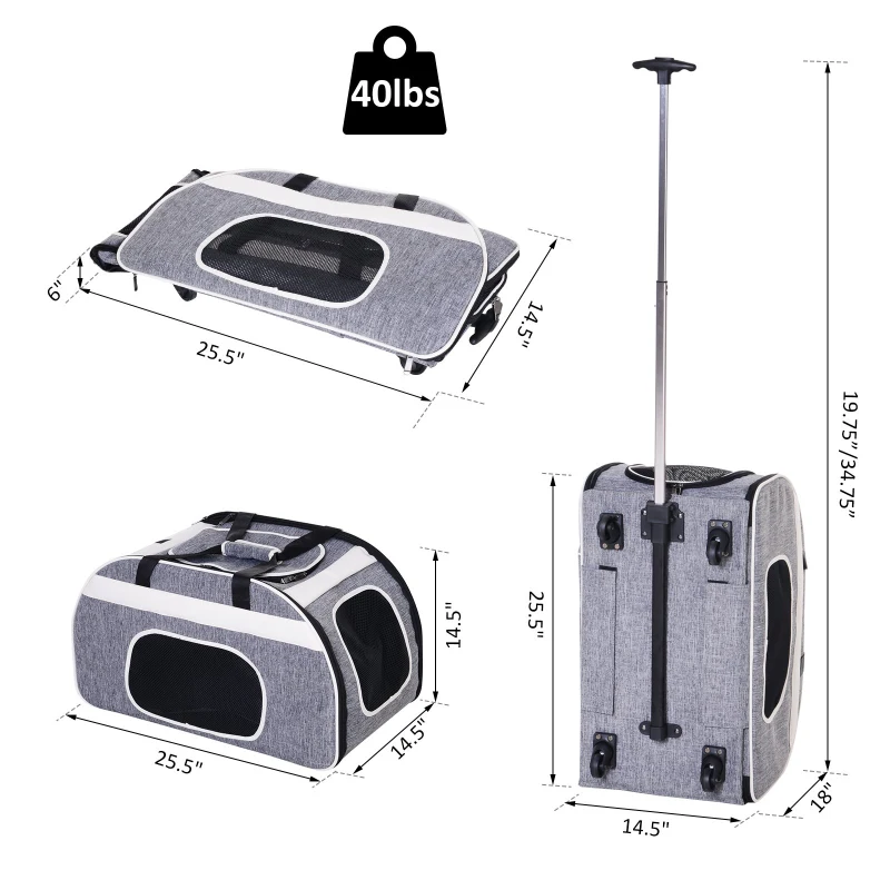 PawHut Pet Carriers Wheel Luggage Bag Outgoing Travel Multi-way to carry Portable
