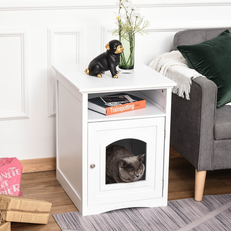 PawHut Wooden Cat Washroom Pet Litter Box Decorative Kitten House Nightstand End Table Indoor with Magnetic Door White