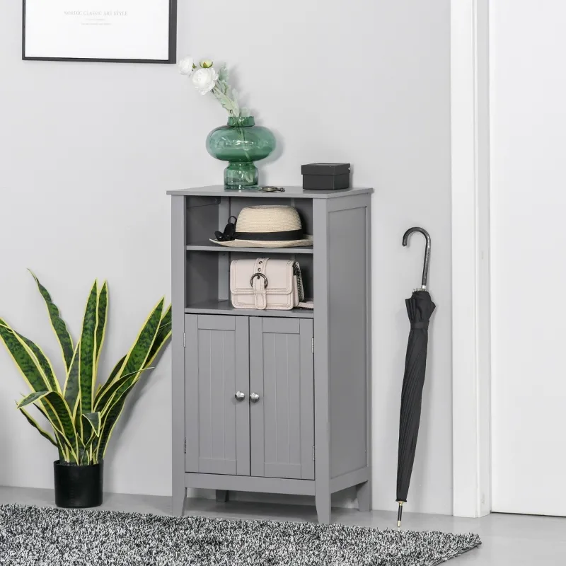 kleankin Bathroom Floor Cabinet, Freestanding Bathroom Storage Cabinet with 2 Open Shelves, Double Doors and 2 Adjustable Shelves, Small Cabinet for Bathroom, Washroom, Gray