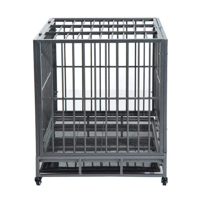 PawHut Heavy Duty Dog Cage Wheeled Pet Crate Exercise Kennel Double Door w/ Metal Tray Grey